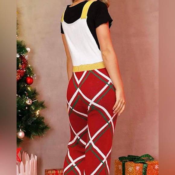 EYESHADOW Christmas Knit Bow Holiday Party Jumpsuit Bib Overalls size M New - Picture 2 of 5